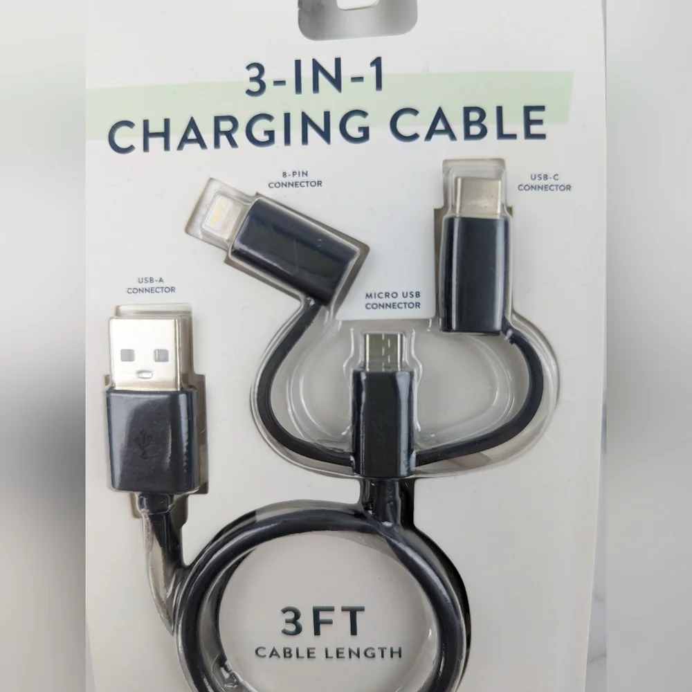 Vivitar Black 3 in 1 Charging Cable USB-C Micro USB 8 Pin Connector 3' Long